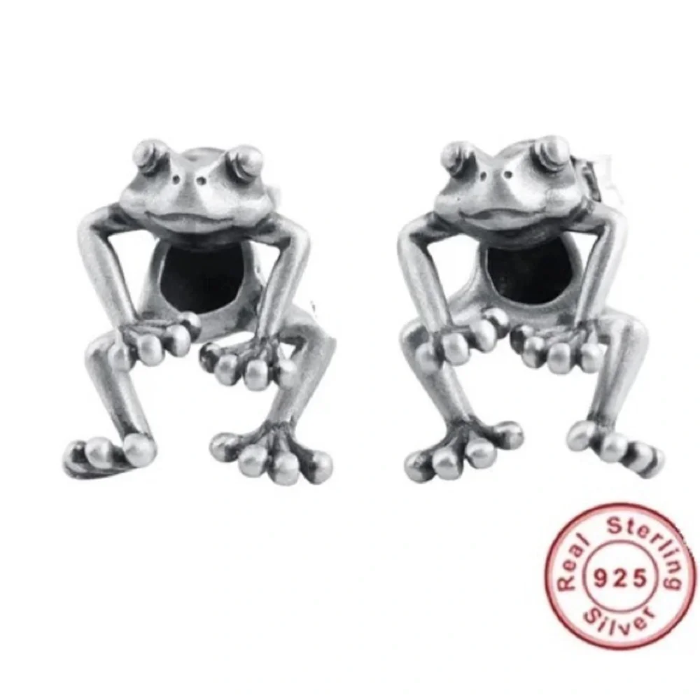 925 Sterling Silver Cute Frog Earring Stud Ear Dangler - Picture 2 of 9